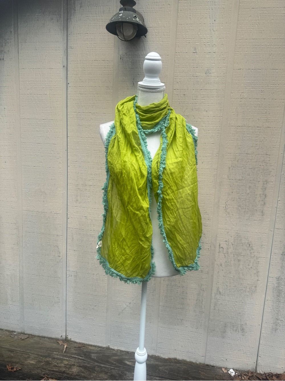 NATURAL LIFE Lime Green Scarf with Teal Fringe